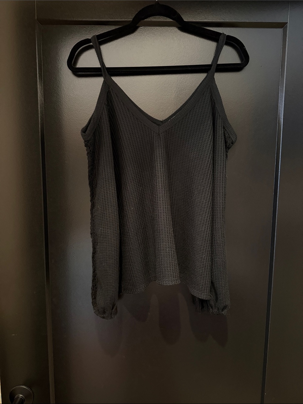 Black Waffle-Knit V-Neck sweater Top with shoulder slits